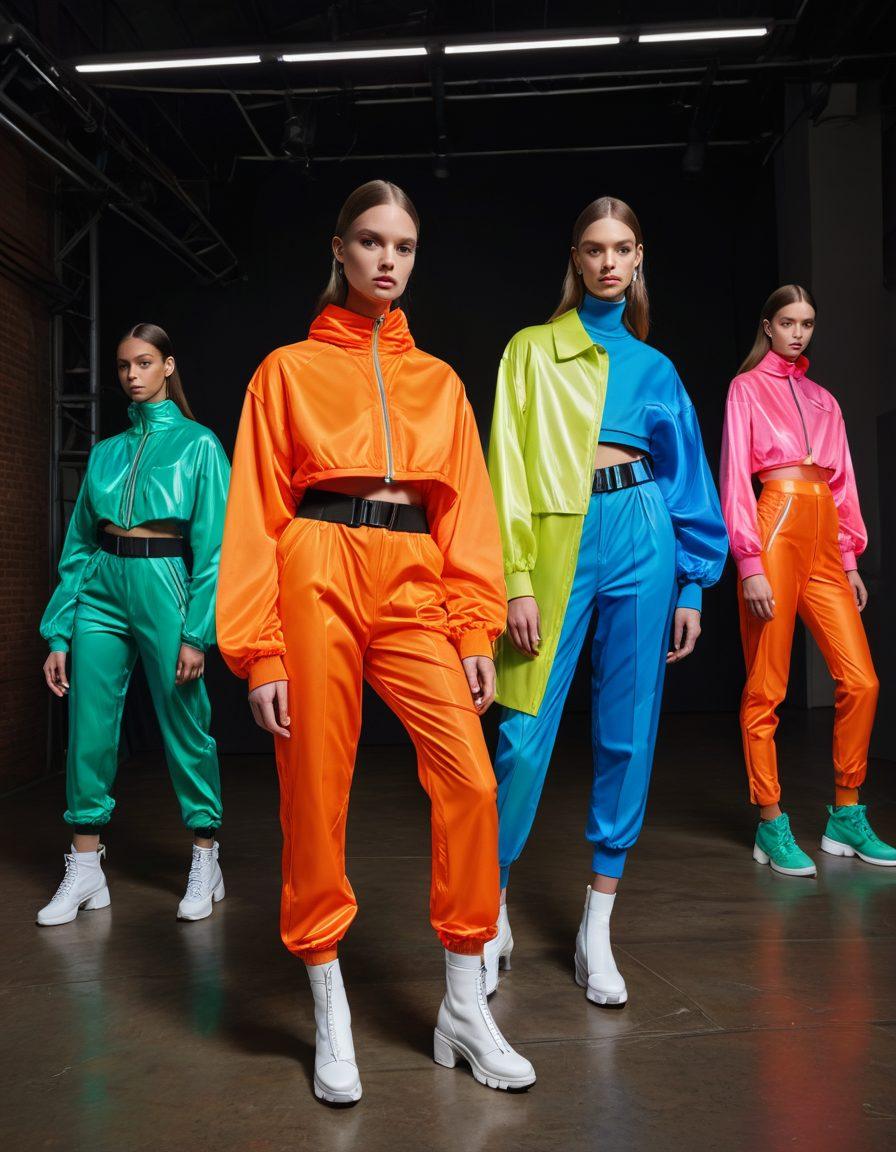 A dynamic fashion scene showcasing diverse models wearing innovative nylon outfits, blending vibrant colors and unique textures. Incorporate elements of urban street style with futuristic accessories and a high-fashion runway backdrop. Highlight the versatility of nylon in various styles like casual, sporty, and elegant evening wear. Bright city lights reflect a modern aesthetic, emphasizing the nylon fabric's shine. super-realistic. vibrant colors. urban setting.