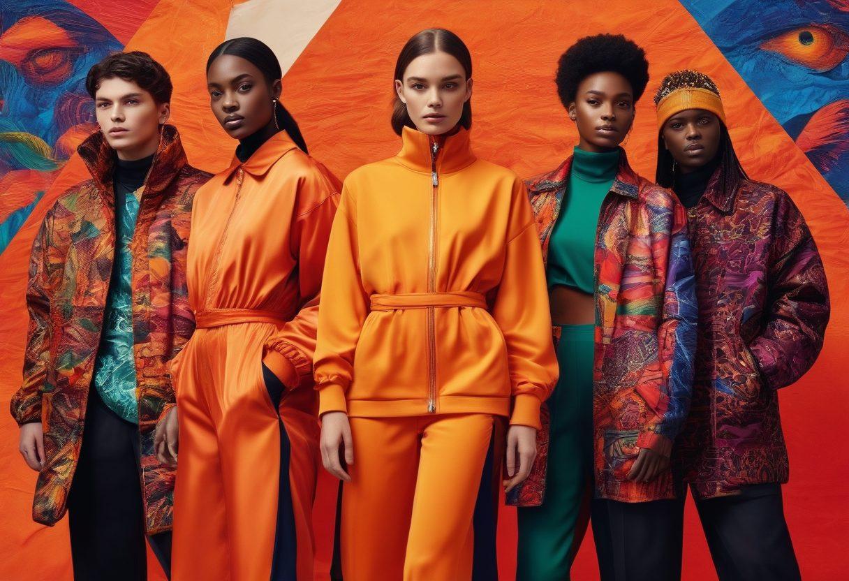 A collage featuring diverse influencers showcasing various nylon clothing styles, intertwined with DNA strands symbolizing evolution. In the background, vivid patterns of nylon textures and colors merge, representing the cultural significance of this material. Incorporate elements like vintage nylon advertisements and modern streetwear, enhancing the contrast of past and present. futuristic and vibrant colors. dynamic composition.